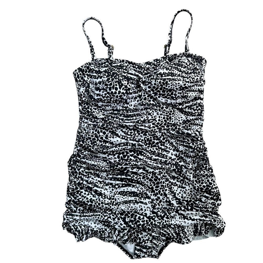 KIM GRAVEL Women’s Skirted 1- Pc. Swimsuit Blk/Wt Leopard Print Ruching Bra 14